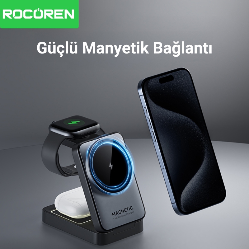 Rocoren 3 ‘ü 1 Arada iPhone Airpods Apple Watch MagSafe Kablosuz Şarj Cihazı Stand - 3