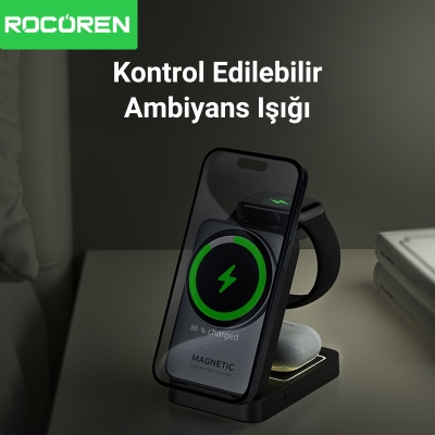 Rocoren 3 ‘ü 1 Arada iPhone Airpods Apple Watch MagSafe Kablosuz Şarj Cihazı Stand - 4