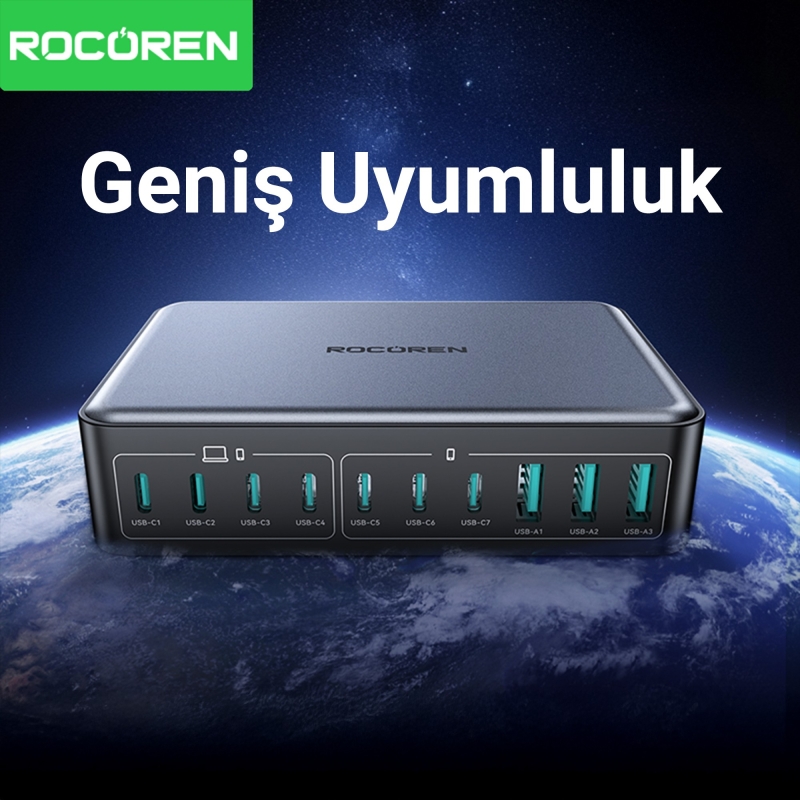 Rocoren 400W GaN 10 Portlu Type-C / USB-A Laptop Uyumlu Masaüstü Hızlı Şarj Aleti - 3