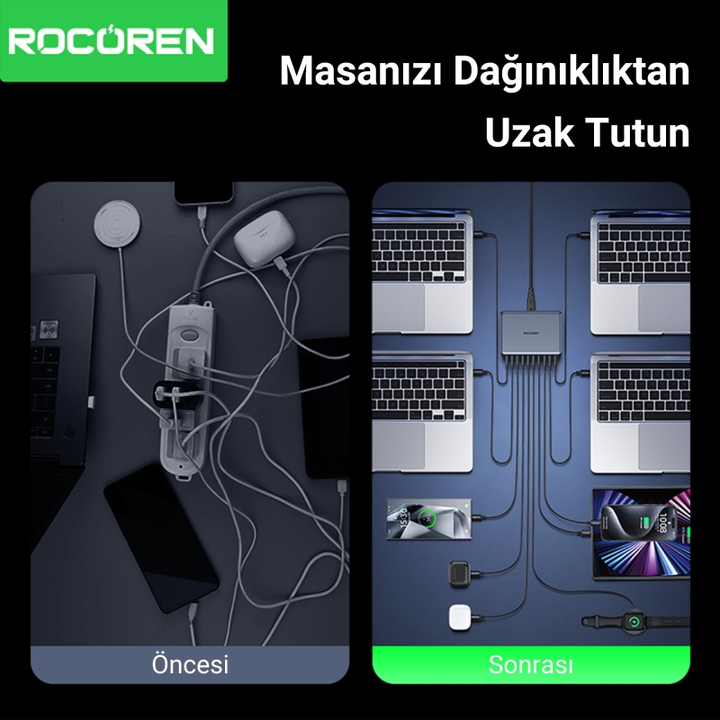 Rocoren 400W GaN 10 Portlu Type-C / USB-A Laptop Uyumlu Masaüstü Hızlı Şarj Aleti - 6