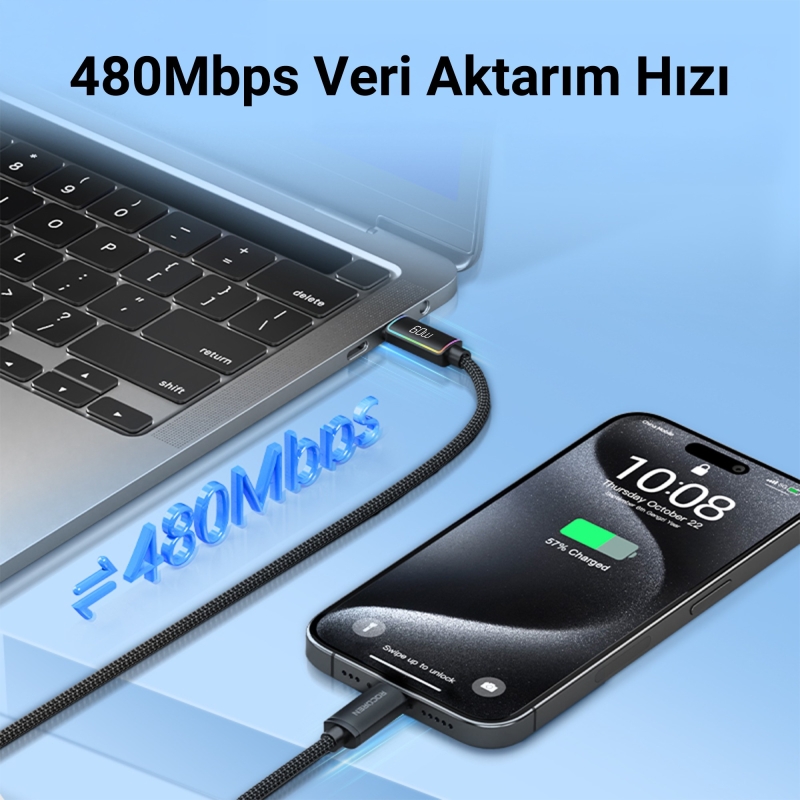 Rocoren 60W Type-C to Type-C RGB Aydınlatmalı Örgülü Şarj ve Data Kablosu 50 CM - 4