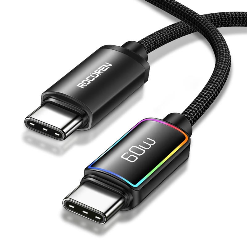Rocoren 60W Type-C to Type-C RGB Aydınlatmalı Örgülü Şarj ve Data Kablosu 1 Metre - 1