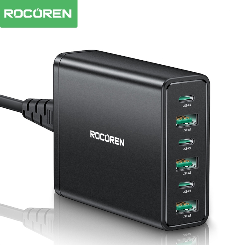 Rocoren 60W 3*Type-C ve 3*USB-A 6 Portlu Şarj Cihazı Masaüstü Şaej istasyonu - 1