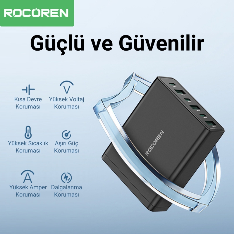 Rocoren 60W 3*Type-C ve 3*USB-A 6 Portlu Şarj Cihazı Masaüstü Şaej istasyonu - 3
