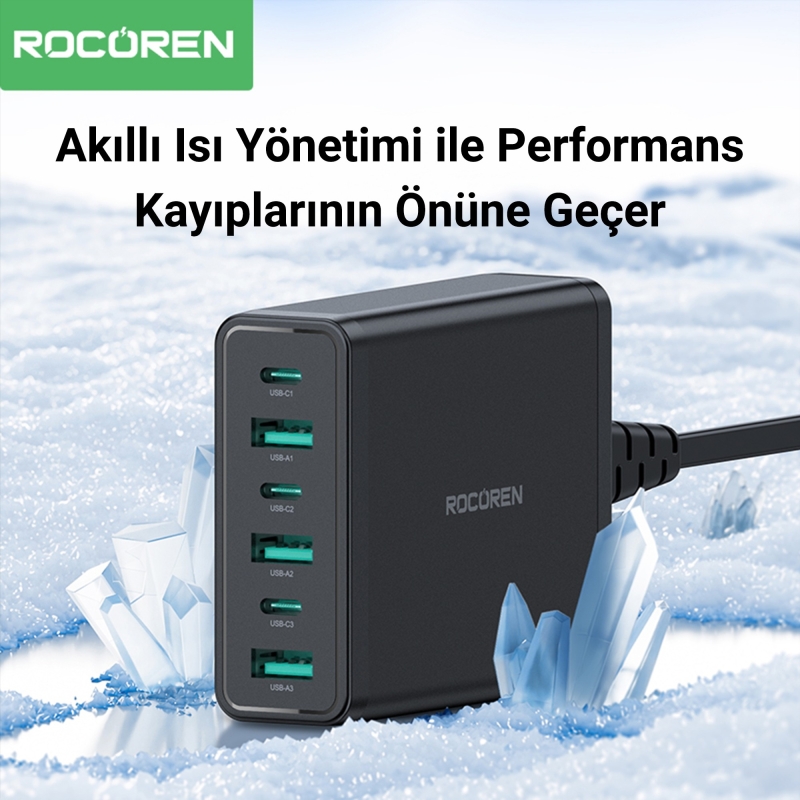 Rocoren 60W 3*Type-C ve 3*USB-A 6 Portlu Şarj Cihazı Masaüstü Şaej istasyonu - 4