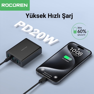 Rocoren 60W 3*Type-C ve 3*USB-A 6 Portlu Şarj Cihazı Masaüstü Şaej istasyonu - 5
