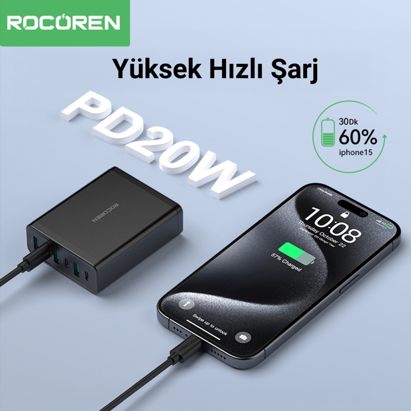 Rocoren 60W 3*Type-C ve 3*USB-A 6 Portlu Şarj Cihazı Masaüstü Şaej istasyonu - 5