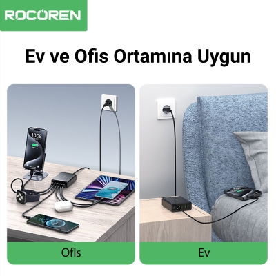 Rocoren 60W 3*Type-C ve 3*USB-A 6 Portlu Şarj Cihazı Masaüstü Şaej istasyonu - 6