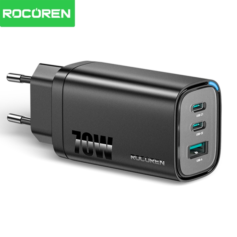 Rocoren 70W GaN Şarj Cihazı Type-C ve USB-A 3-Portlu Hızlı Şarj Aleti - 1