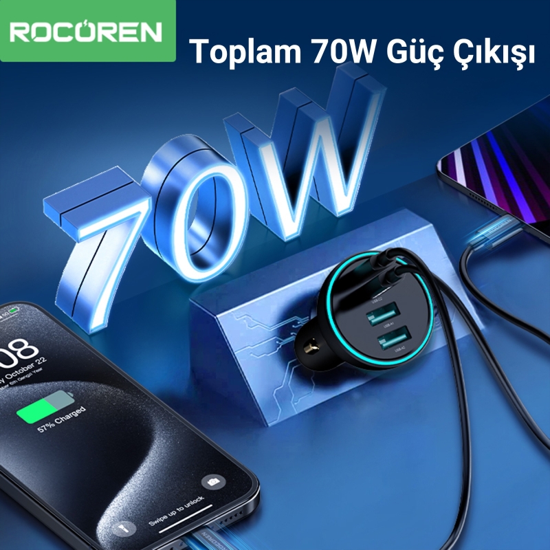 Rocoren 70W Type-C / USB-A Araç İçi Çakmaklık Hızlı Şarj Cihazı - 5