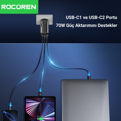 Rocoren 70W Type-C / USB-A GaN PD QC3.0 Notebook Uyumlu Hızlı Şarj Cihazı - 3