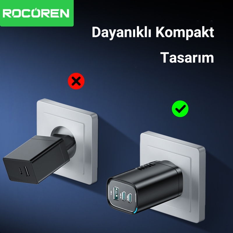 Rocoren 70W Type-C / USB-A GaN PD QC3.0 Notebook Uyumlu Hızlı Şarj Cihazı - 6