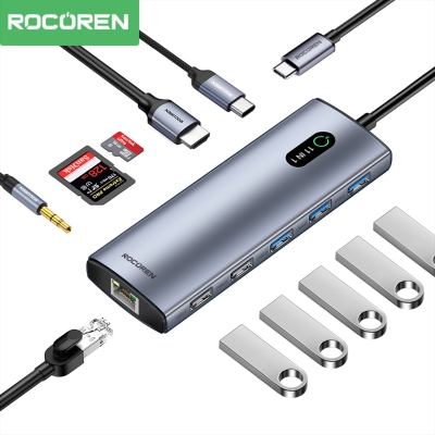 Rocoren Type-C 11 Portlu HDMI 4K@30Hz SD/TF 3.5mm Jack Gigabit Ethernet Destekli 5Gbps USB 3.0 Çoklayıcı Hub - 1