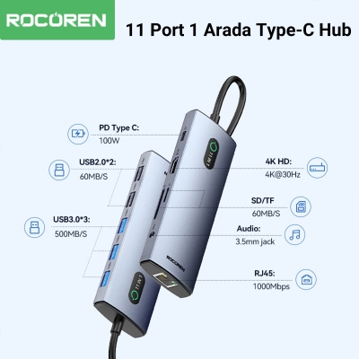 Rocoren Type-C 11 Portlu HDMI 4K@30Hz SD/TF 3.5mm Jack Gigabit Ethernet Destekli 5Gbps USB 3.0 Çoklayıcı Hub - 2