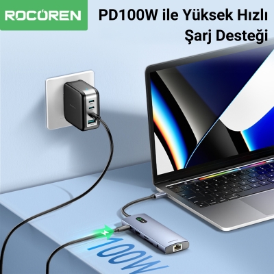 Rocoren Type-C 11 Portlu HDMI 4K@30Hz SD/TF 3.5mm Jack Gigabit Ethernet Destekli 5Gbps USB 3.0 Çoklayıcı Hub - 3