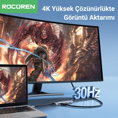 Rocoren Type-C 11 Portlu HDMI 4K@30Hz SD/TF 3.5mm Jack Gigabit Ethernet Destekli 5Gbps USB 3.0 Çoklayıcı Hub - 4