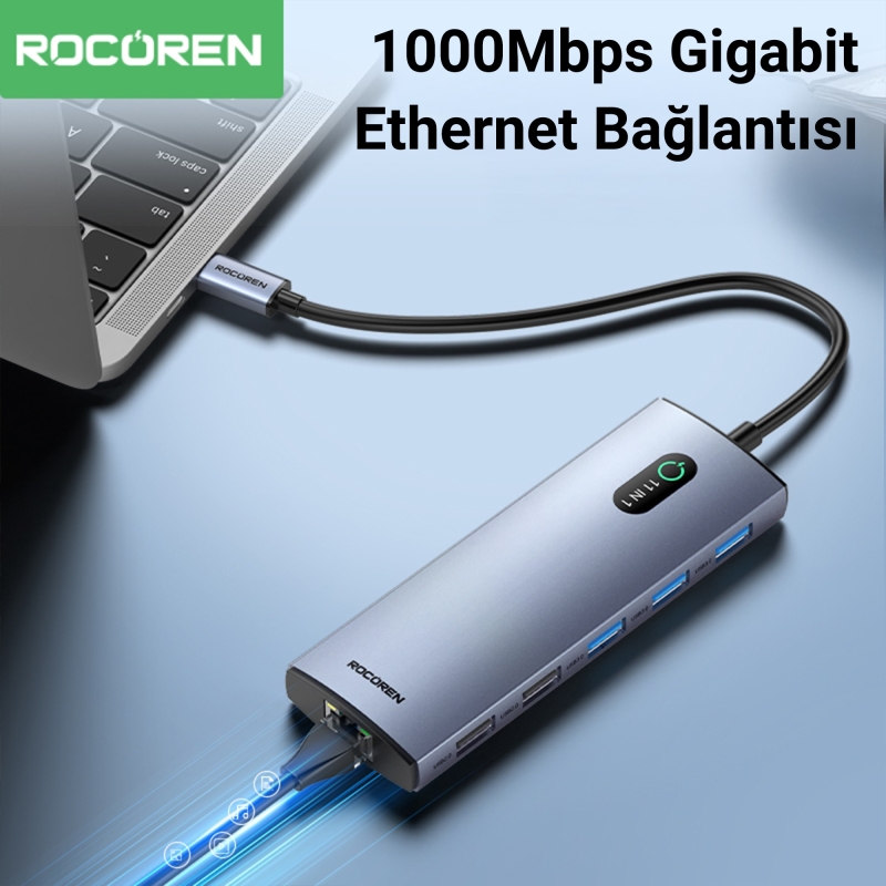 Rocoren Type-C 11 Portlu HDMI 4K@30Hz SD/TF 3.5mm Jack Gigabit Ethernet Destekli 5Gbps USB 3.0 Çoklayıcı Hub - 5