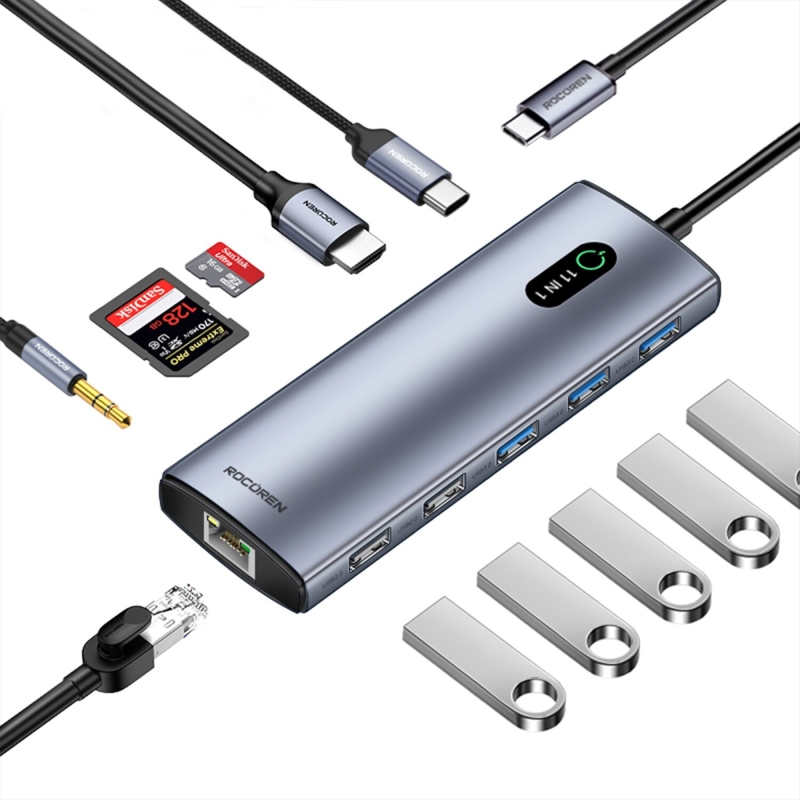 Rocoren 11 Portlu 4K 30Hz HDMI Gigabit Ethernet SD TF Kart Okuyuculu 3.5mm Jack USB Hub Çoklayıcı - 1