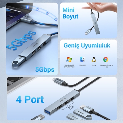 Rocoren Type-C 5Gbps 4 Portlu USB-A 3.0 Çoklayıcı Dönüştürücü Hub - 2