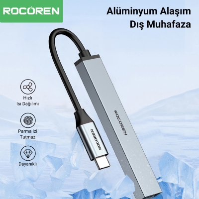 Rocoren Type-C 5Gbps 4 Portlu USB-A 3.0 Çoklayıcı Dönüştürücü Hub - 3