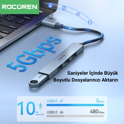 Rocoren Type-C 5Gbps 4 Portlu USB-A 3.0 Çoklayıcı Dönüştürücü Hub - 4