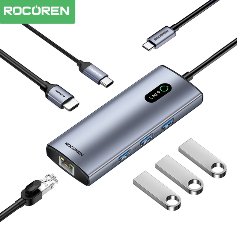 Rocoren Type-C 6'sı 1 Arada HDMI 4K@30Hz Gigabit Ethernet Destekli 5Gbps USB 3.0 Çoklayıcı Hub - 1