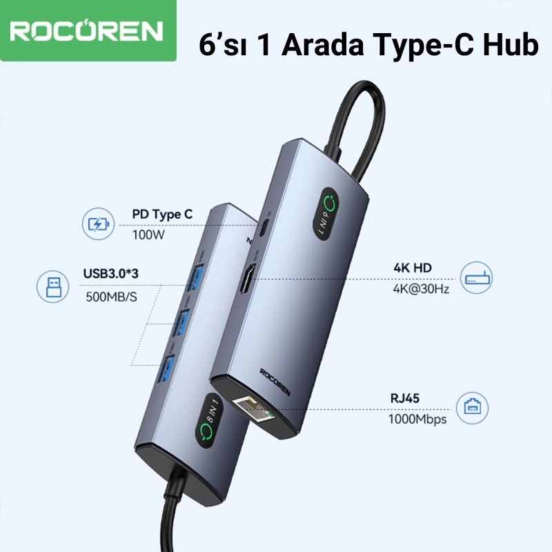 Rocoren Type-C 6'sı 1 Arada HDMI 4K@30Hz Gigabit Ethernet Destekli 5Gbps USB 3.0 Çoklayıcı Hub - 2