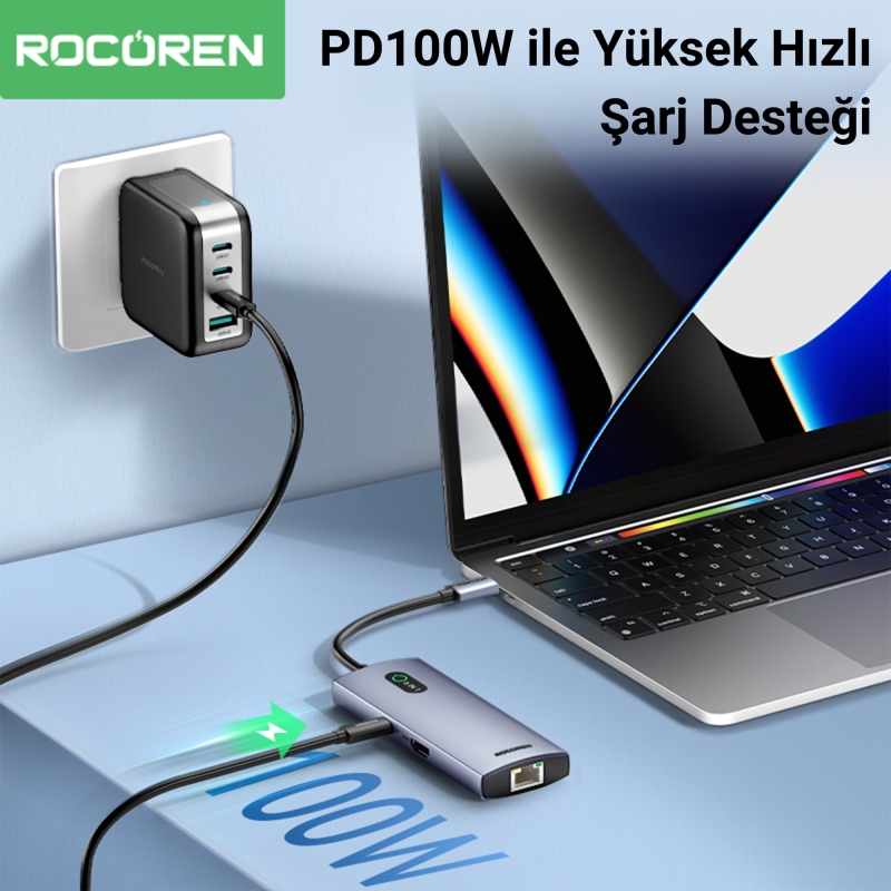 Rocoren Type-C 6'sı 1 Arada HDMI 4K@30Hz Gigabit Ethernet Destekli 5Gbps USB 3.0 Çoklayıcı Hub - 3