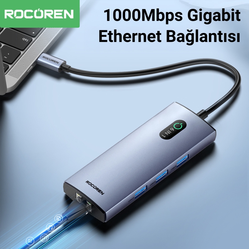 Rocoren Type-C 6'sı 1 Arada HDMI 4K@30Hz Gigabit Ethernet Destekli 5Gbps USB 3.0 Çoklayıcı Hub - 5