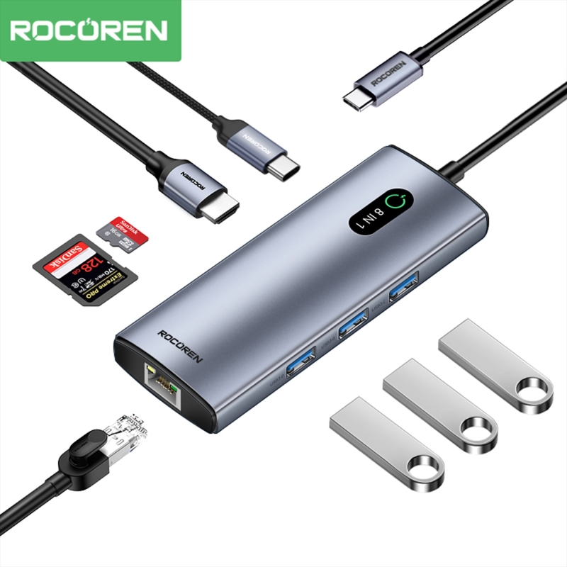 Rocoren Type-C 8 Portlu HDMI 4K@30Hz SD/TF Gigabit Ethernet Destekli 5Gbps USB 3.0 Çoklayıcı Hub - 1