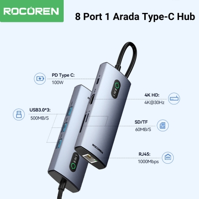 Rocoren Type-C 8 Portlu HDMI 4K@30Hz SD/TF Gigabit Ethernet Destekli 5Gbps USB 3.0 Çoklayıcı Hub - 2