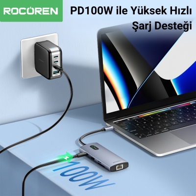 Rocoren Type-C 8 Portlu HDMI 4K@30Hz SD/TF Gigabit Ethernet Destekli 5Gbps USB 3.0 Çoklayıcı Hub - 3