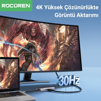 Rocoren Type-C 8 Portlu HDMI 4K@30Hz SD/TF Gigabit Ethernet Destekli 5Gbps USB 3.0 Çoklayıcı Hub - 4