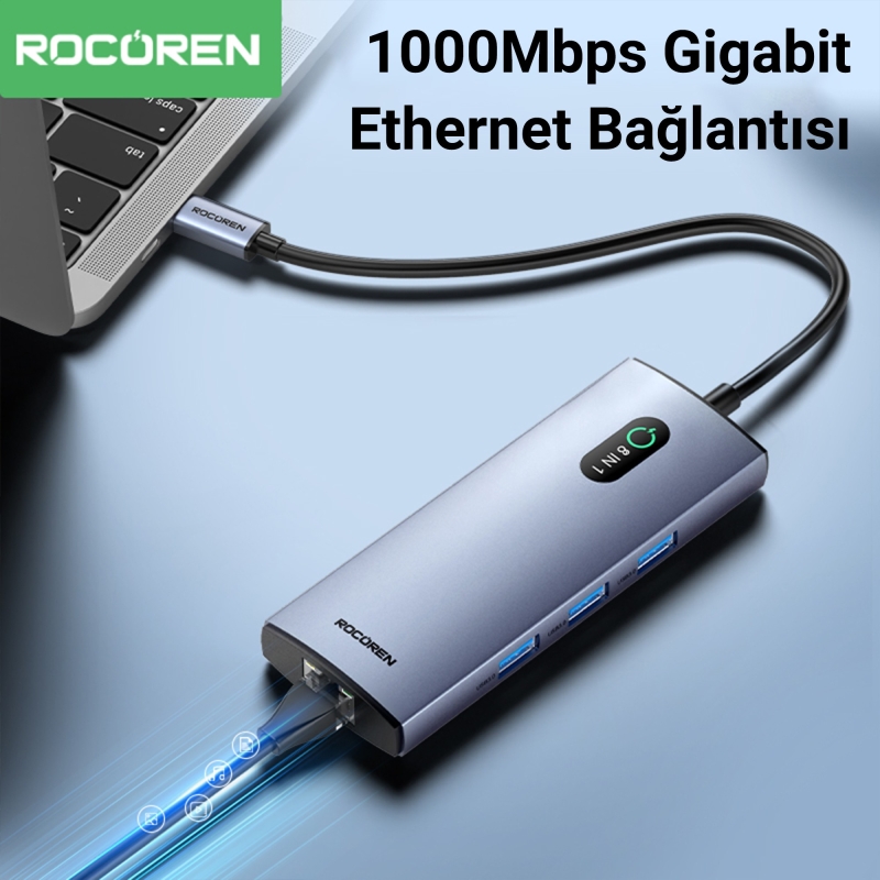 Rocoren Type-C 8 Portlu HDMI 4K@30Hz SD/TF Gigabit Ethernet Destekli 5Gbps USB 3.0 Çoklayıcı Hub - 5