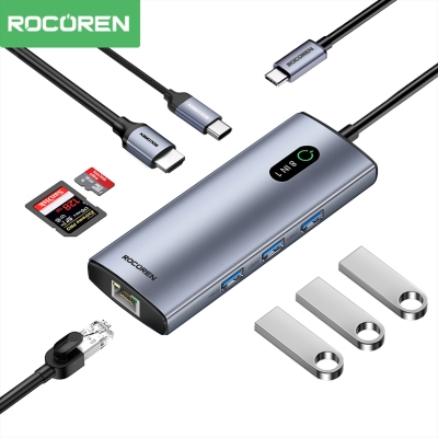 Rocoren 8 Portlu 4K 30Hz Gigabit Ethernet SD TF Kart Okuyuculu 3*USB3.0 PD 100W Destekli Hub Çoklayıcı - 1