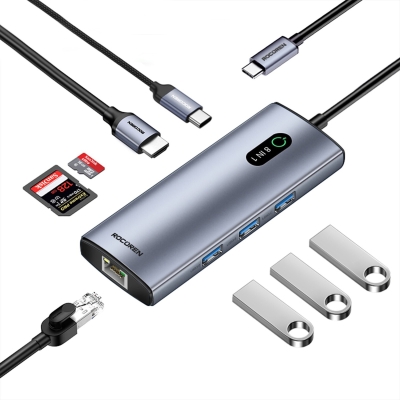 Rocoren 8 Portlu 4K 30Hz Gigabit Ethernet SD TF Kart Okuyuculu 3*USB3.0 PD 100W Destekli Hub Çoklayıcı - 1