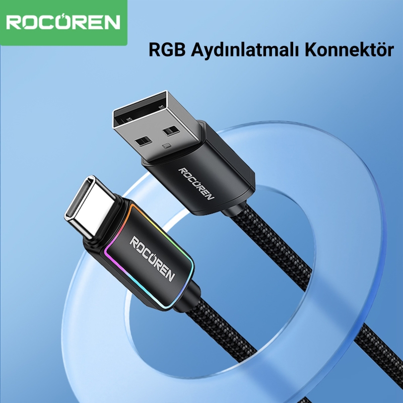 Rocoren Type-C to USB-A RGB Aydınlatmalı 3A Hızlı Şarj ve Data Kablosu 1 Metre - 2