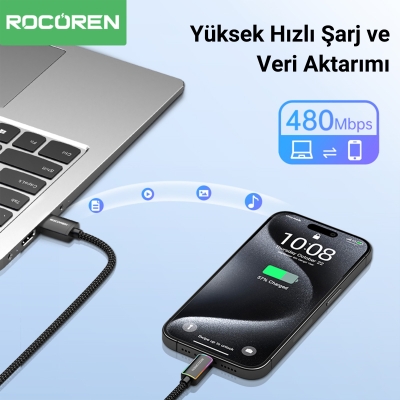 Rocoren Type-C to USB-A RGB Aydınlatmalı 3A Hızlı Şarj ve Data Kablosu 1 Metre - 3