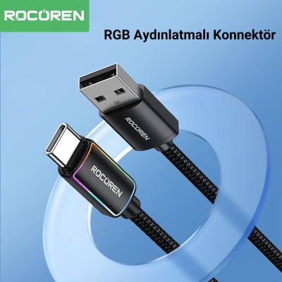 Rocoren Type-C to USB-A RGB Aydınlatmalı 3A Hızlı Şarj ve Data Kablosu 2 Metre - 2