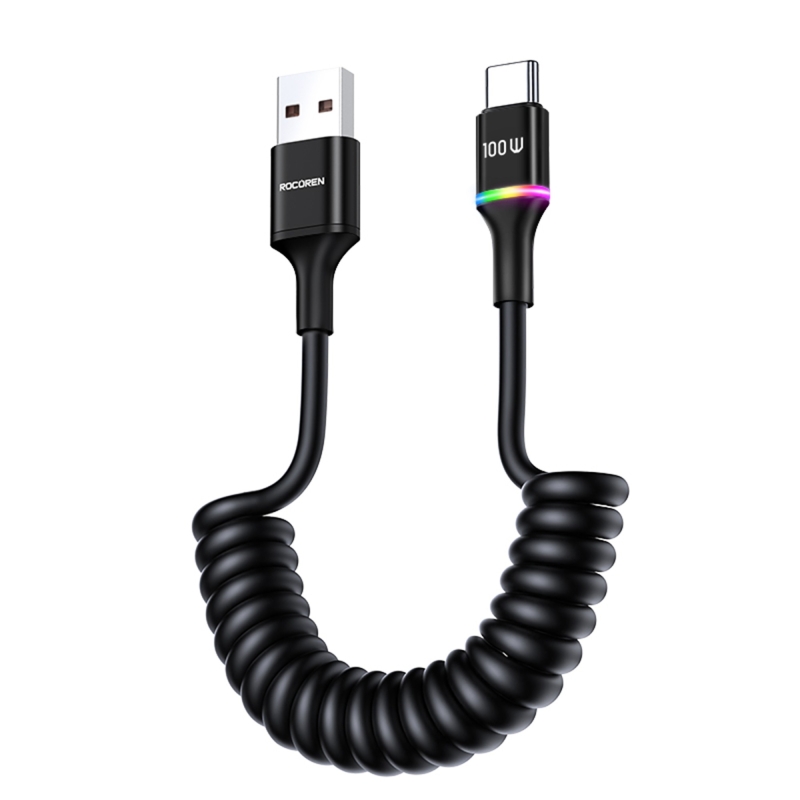 Rocoren USB-A to USB-C 100W / 7A Akım Destekli OPPO/ HUAWEİ / XİAOMİ/ REDMİ ile Uyumlu Spiral Hızlı Şarj/ Data Kablosu RGB Işıklı - 1