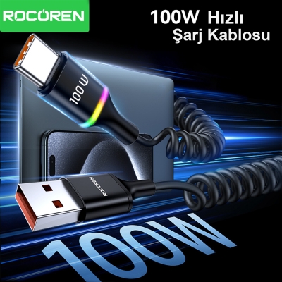Rocoren USB-A to USB-C 100W / 7A Akım Destekli OPPO/ HUAWEİ / XİAOMİ/ REDMİ ile Uyumlu Spiral Hızlı Şarj/ Data Kablosu RGB Işıklı - 3