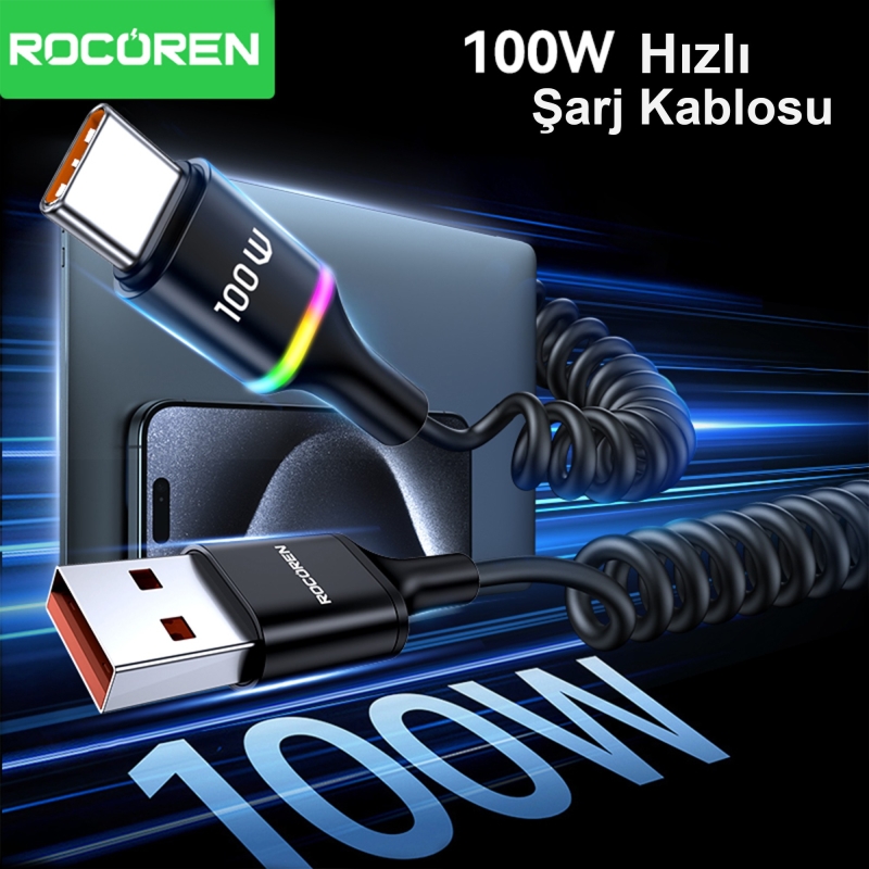 Rocoren USB-A to USB-C 100W / 7A Akım Destekli OPPO/ HUAWEİ / XİAOMİ/ REDMİ ile Uyumlu Spiral Hızlı Şarj/ Data Kablosu RGB Işıklı - 3
