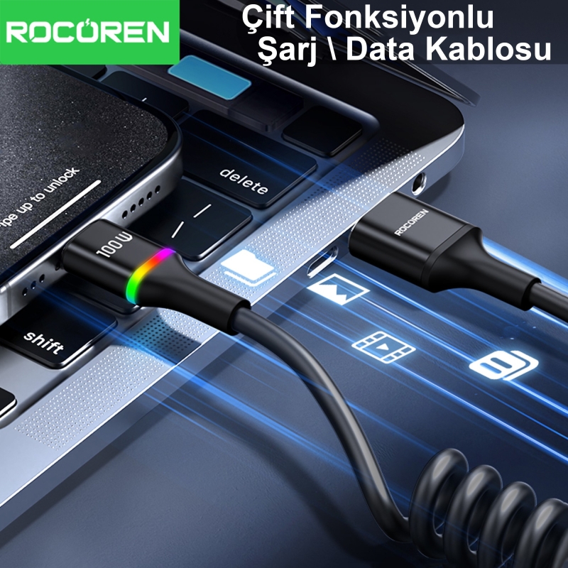 Rocoren USB-A to USB-C 100W / 7A Akım Destekli OPPO/ HUAWEİ / XİAOMİ/ REDMİ ile Uyumlu Spiral Hızlı Şarj/ Data Kablosu RGB Işıklı - 4