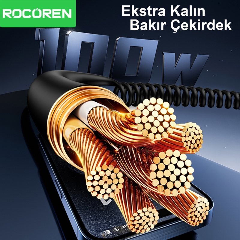 Rocoren USB-A to USB-C 100W / 7A Akım Destekli OPPO/ HUAWEİ / XİAOMİ/ REDMİ ile Uyumlu Spiral Hızlı Şarj/ Data Kablosu RGB Işıklı - 5