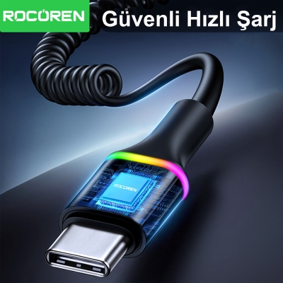 Rocoren USB-A to USB-C 100W / 7A Akım Destekli OPPO/ HUAWEİ / XİAOMİ/ REDMİ ile Uyumlu Spiral Hızlı Şarj/ Data Kablosu RGB Işıklı - 6