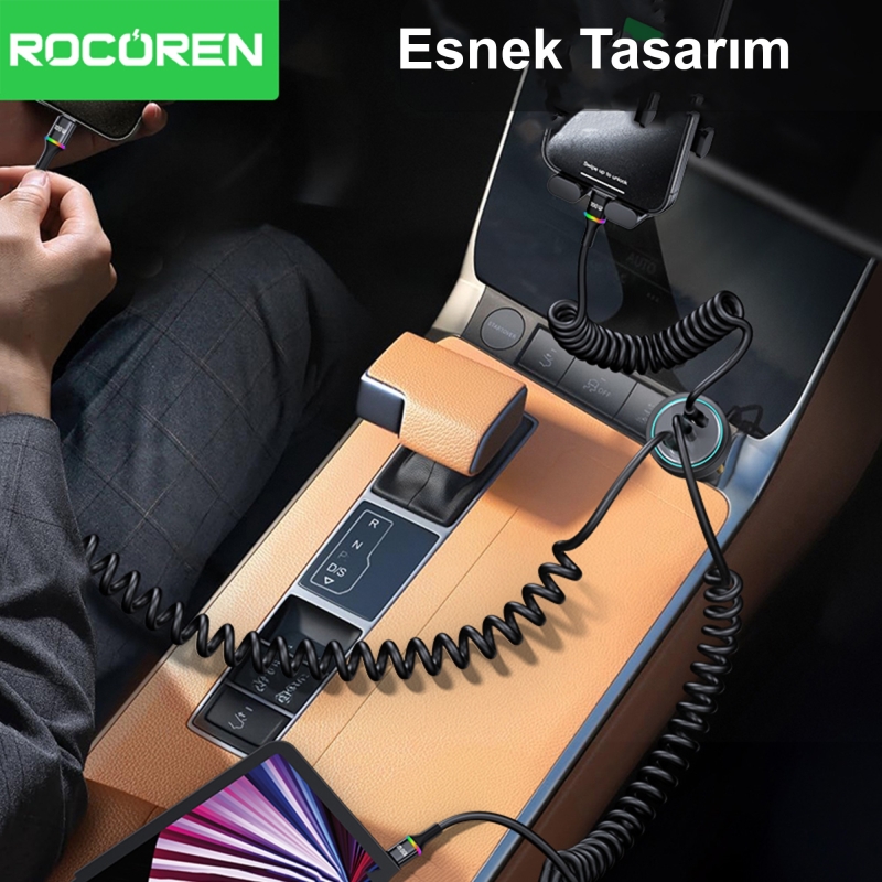 Rocoren USB-A to USB-C 100W / 7A Akım Destekli OPPO/ HUAWEİ / XİAOMİ/ REDMİ ile Uyumlu Spiral Hızlı Şarj/ Data Kablosu RGB Işıklı - 7