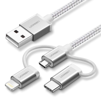 Ugreen 3 in 1 iOS Lightning Type-C Micro USB Şarj ve Data Kablosu Silver - 1