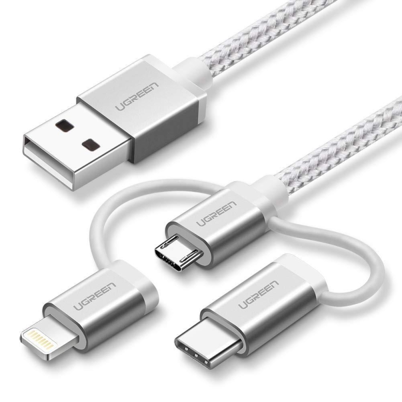 Ugreen 3 in 1 iOS Lightning Type-C Micro USB Şarj ve Data Kablosu Silver - 1