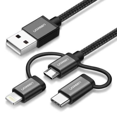 Ugreen 3 in 1 iOS Lightning Type-C Micro USB Şarj ve Data Kablosu Siyah - 1