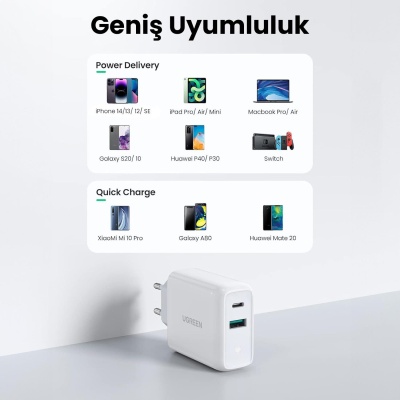 Ugreen 38W Çift Portlu USB-A ve Type-C PD QC Hızlı Şarj Cihazı Beyaz - 5